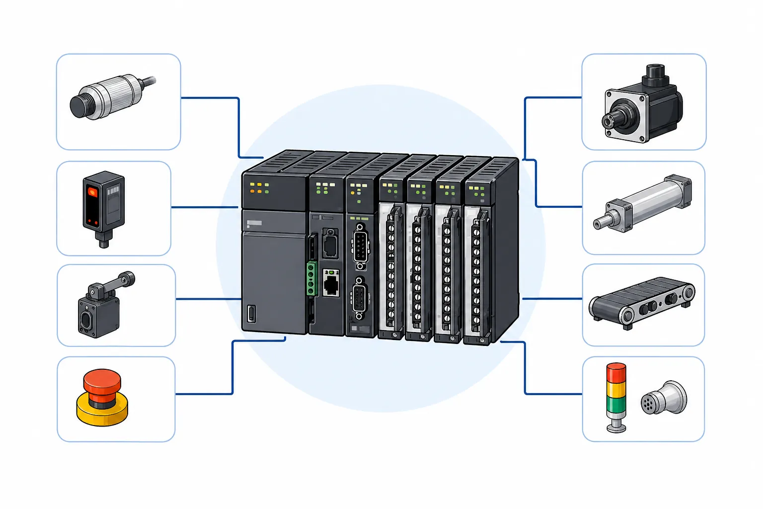 PLC本体とサーボモータ・センサ・スイッチ・表示灯などの周辺機器の構成イメージ