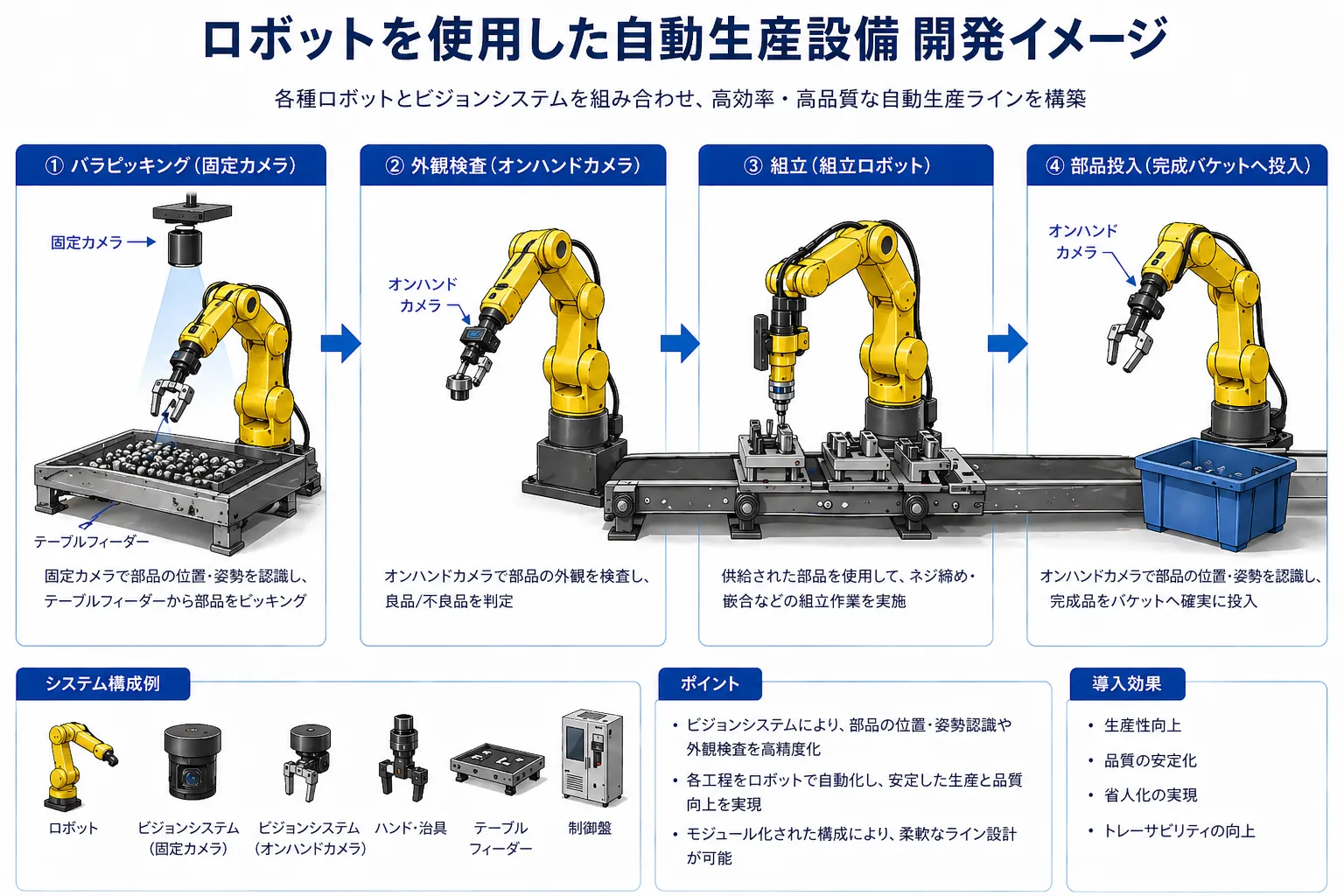 ロボットを使用した自動生産設備の開発イメージ：バラピッキング、外観検査、組立、部品投入の各工程をロボットとビジョンシステムで自動化